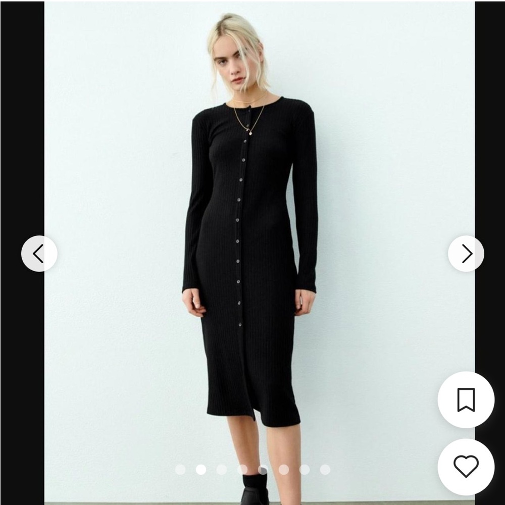 Zara Black Ribbed Button-Front Midi Dress